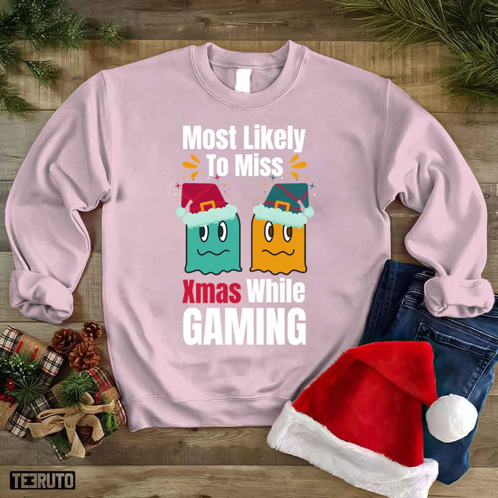 Most Likely To Miss Christmas While Gaming 80s Ghost Pacman Unisex Sweatshirt