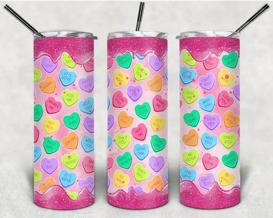20 oz Skinny Sublimation Designs Dripping Candy Hearts Tumbler
