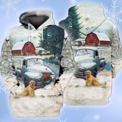 Christmas Farm Blue Truck With Red Barn And Retriever Dog 3d Hoodie