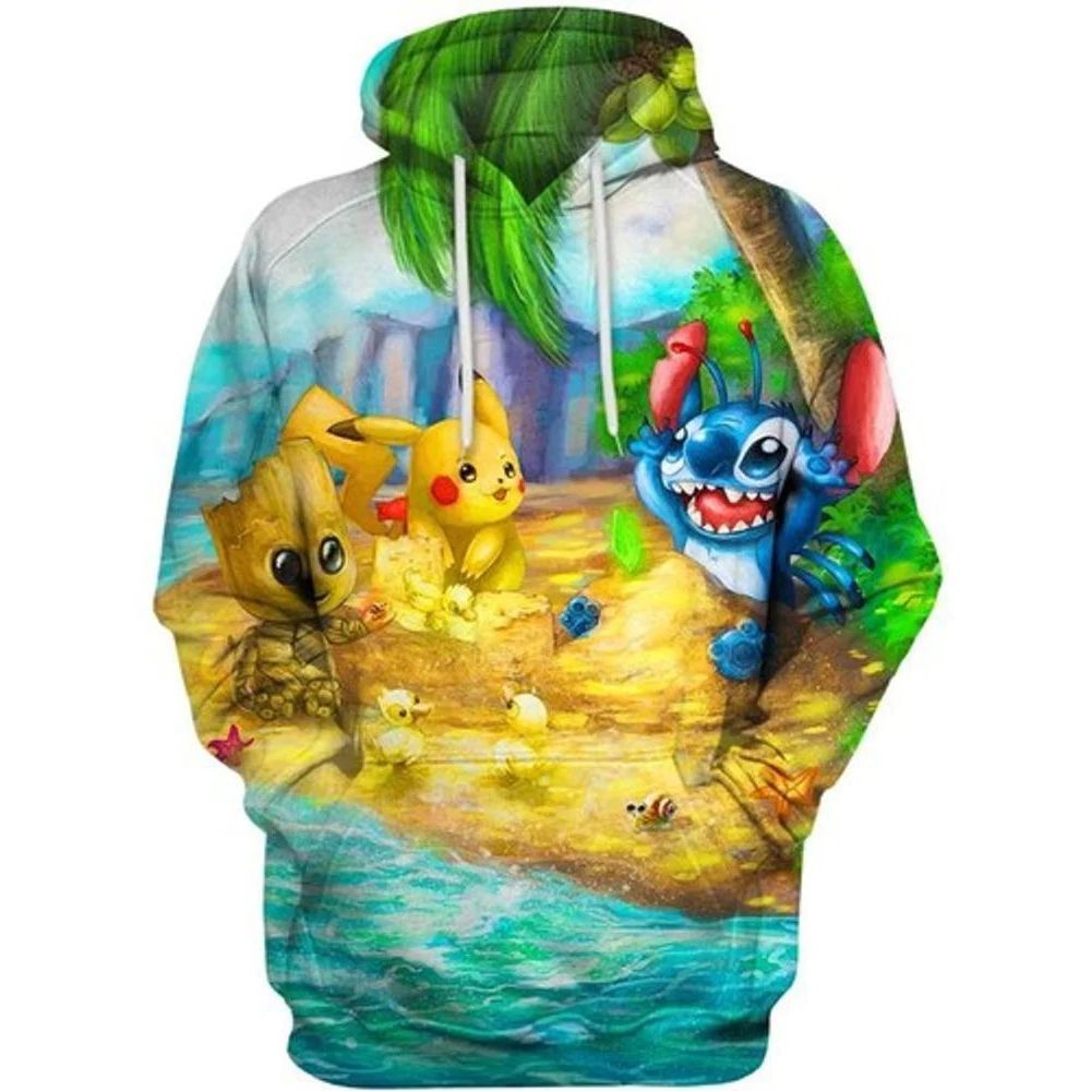 Cute Things On The Beach Pikachu Stitch Groot All Over Printed Custom 3d Hoodie