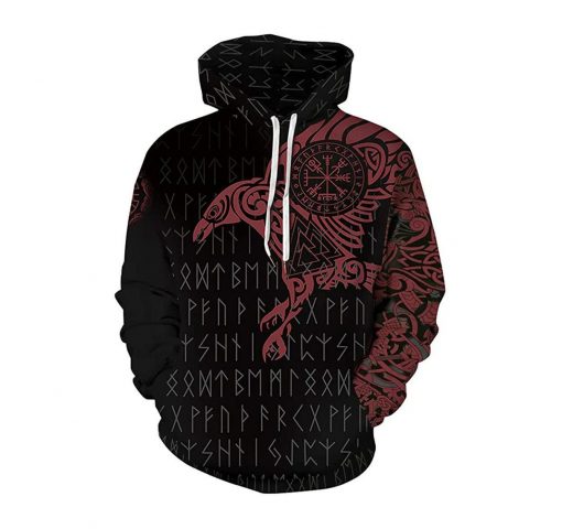 Mens Viking Red Raven Hoodie 3D