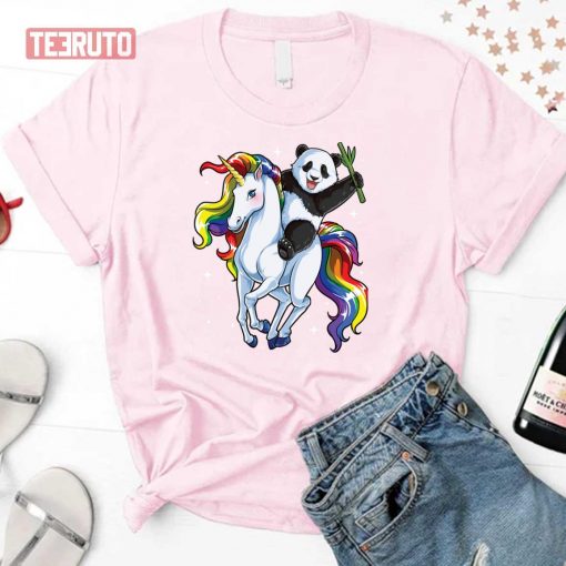 Panda Riding Unicorn Funny Meme Rainbow Unisex T-Shirt