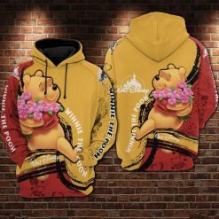 Pooh Hug Flower Winnie The Pooh Yellow And Red Over Print 3d Hoodie