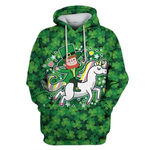 Saint Patrick Day Green Man Riding Unicorn Apparel Green Over Print 3d Hoodie