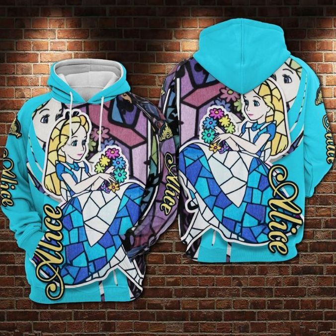 Alice In Wonderland Stained Glass Style Over Print 3d Zip Hoodie