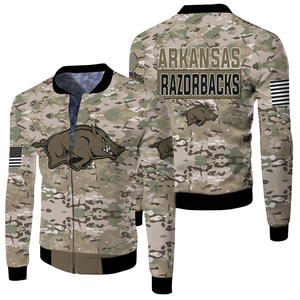 Arkansas Razorbacks Camo Pattern 3d Jersey Fleece Bomber Jacket