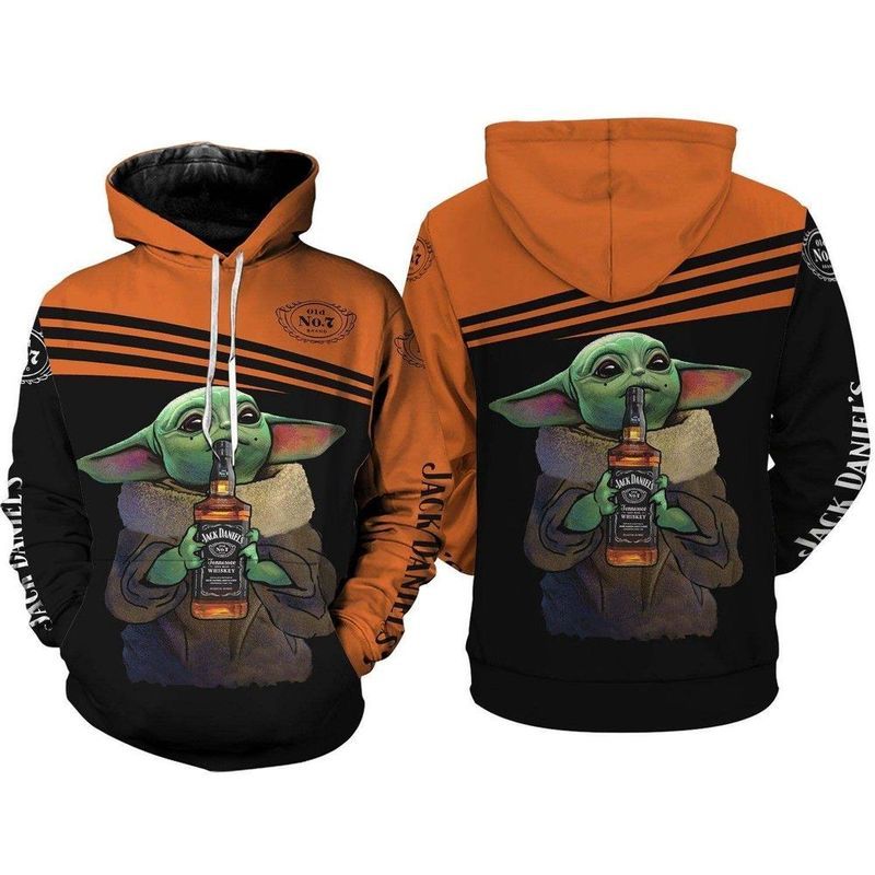 Baby Yoda Holding Jack Daniel Bottle 3d Hoodie