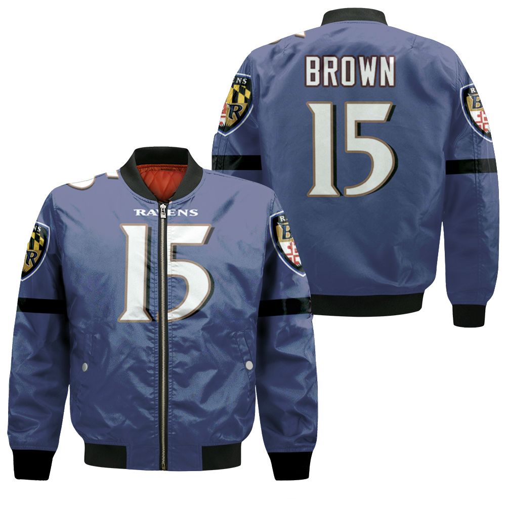 Baltimore Ravens Marquise Brown #15 Nfl American Football Custom Game Purple 2019 3d Designed Allover Gift For Baltimore Fans Bomber Jacket