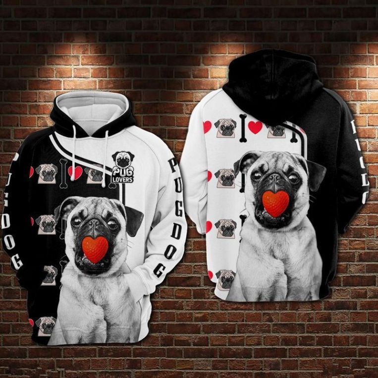 Black And White Pug Over Print 3d Zip Hoodie