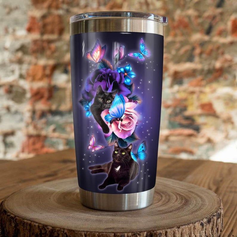 Black Cat  Purple Rose Gift For Lover Day Travel Tumbler