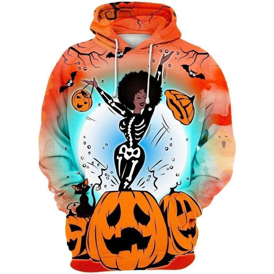 Black Girl With Skeleton Halloween 3d Zip Hoodie