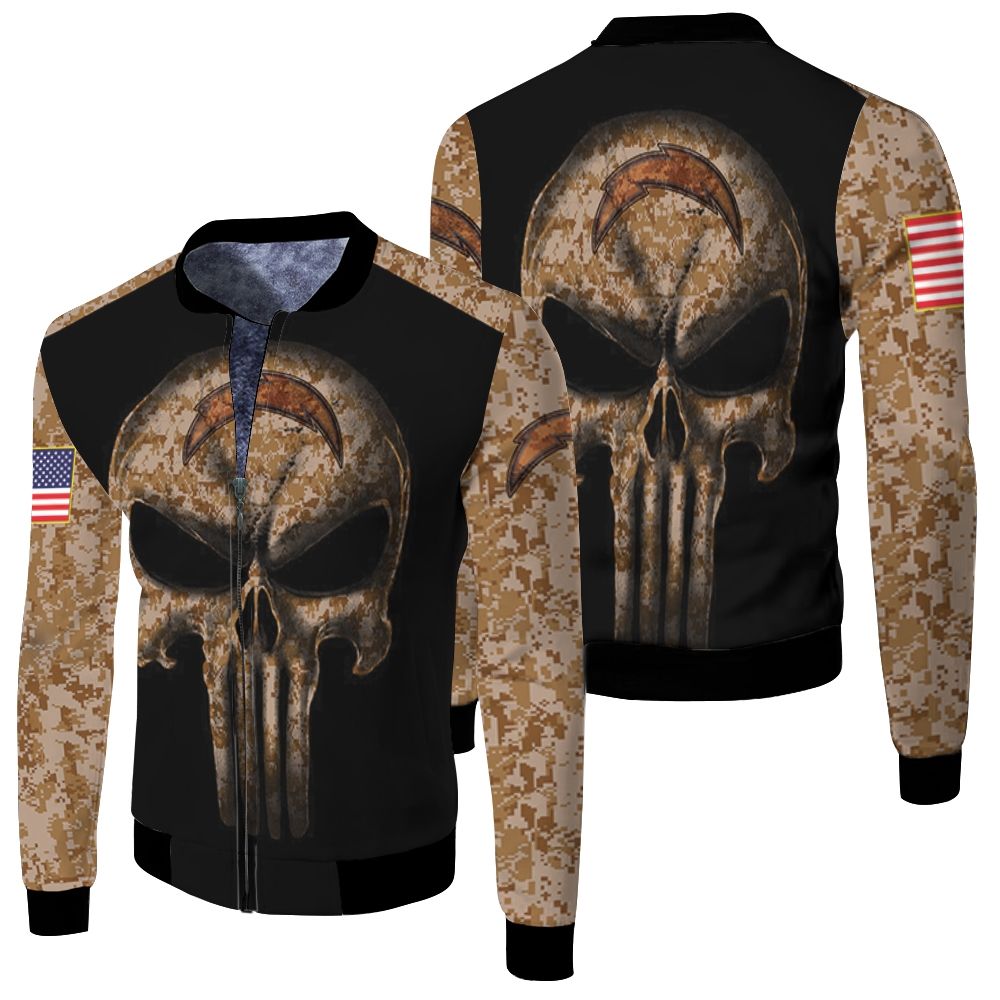 Camouflage Skull Los Angeles Chargers American Flag Fleece Bomber Jacket