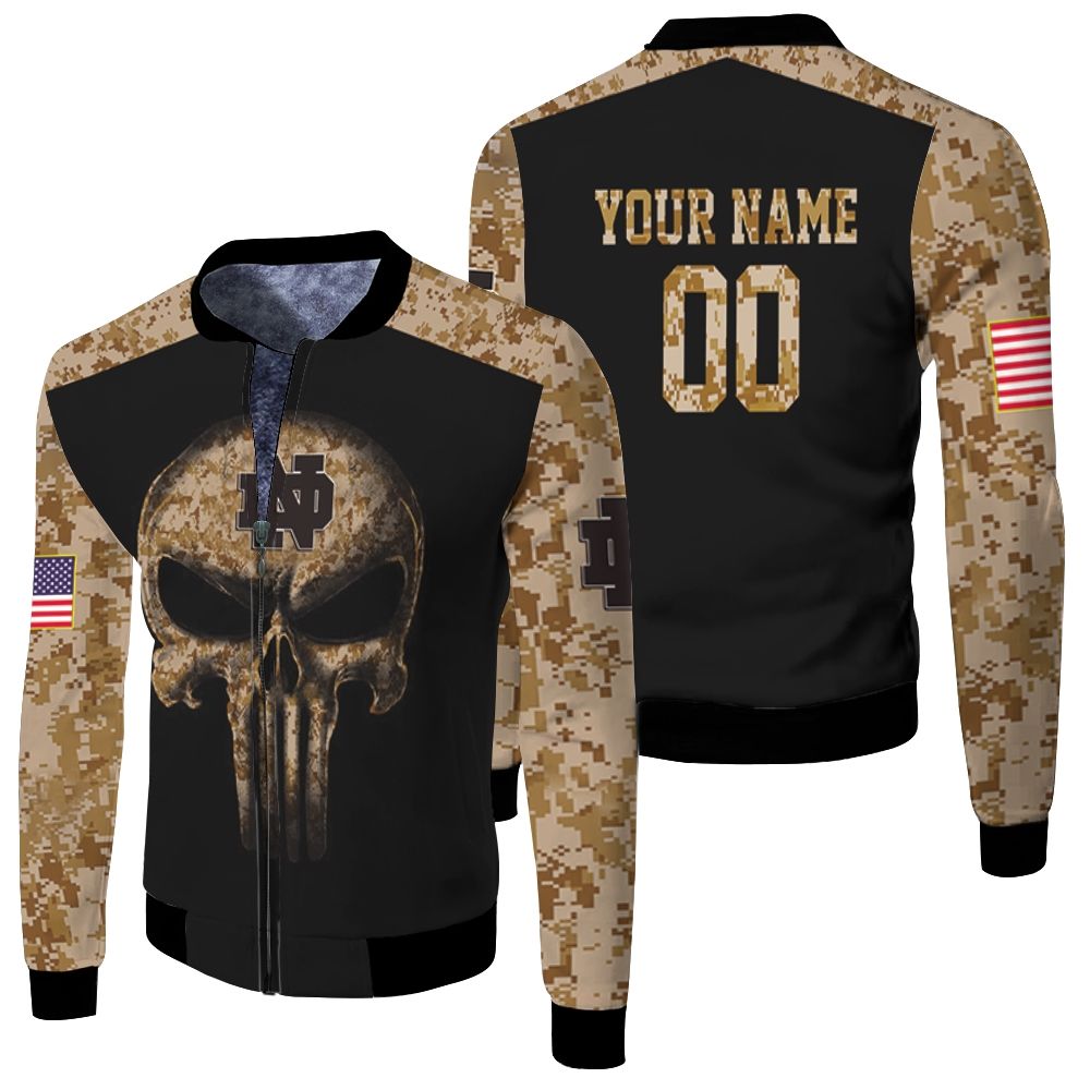 Camouflage Skull Notre Dame Fighting Irish American Flag 3d Personalized Fleece Bomber Jacket