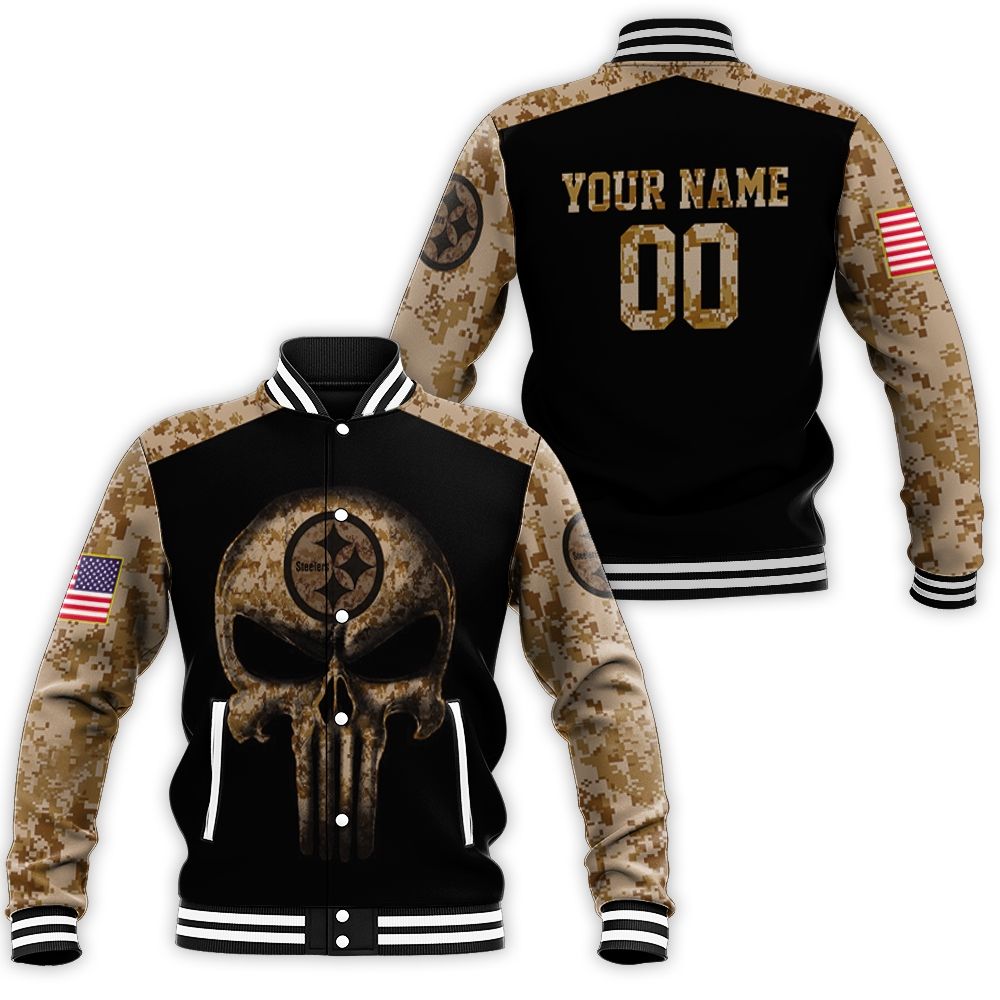 Camouflage Skull Pittsburgh Steelers American Flag 3d Personalized Baseball Jacket