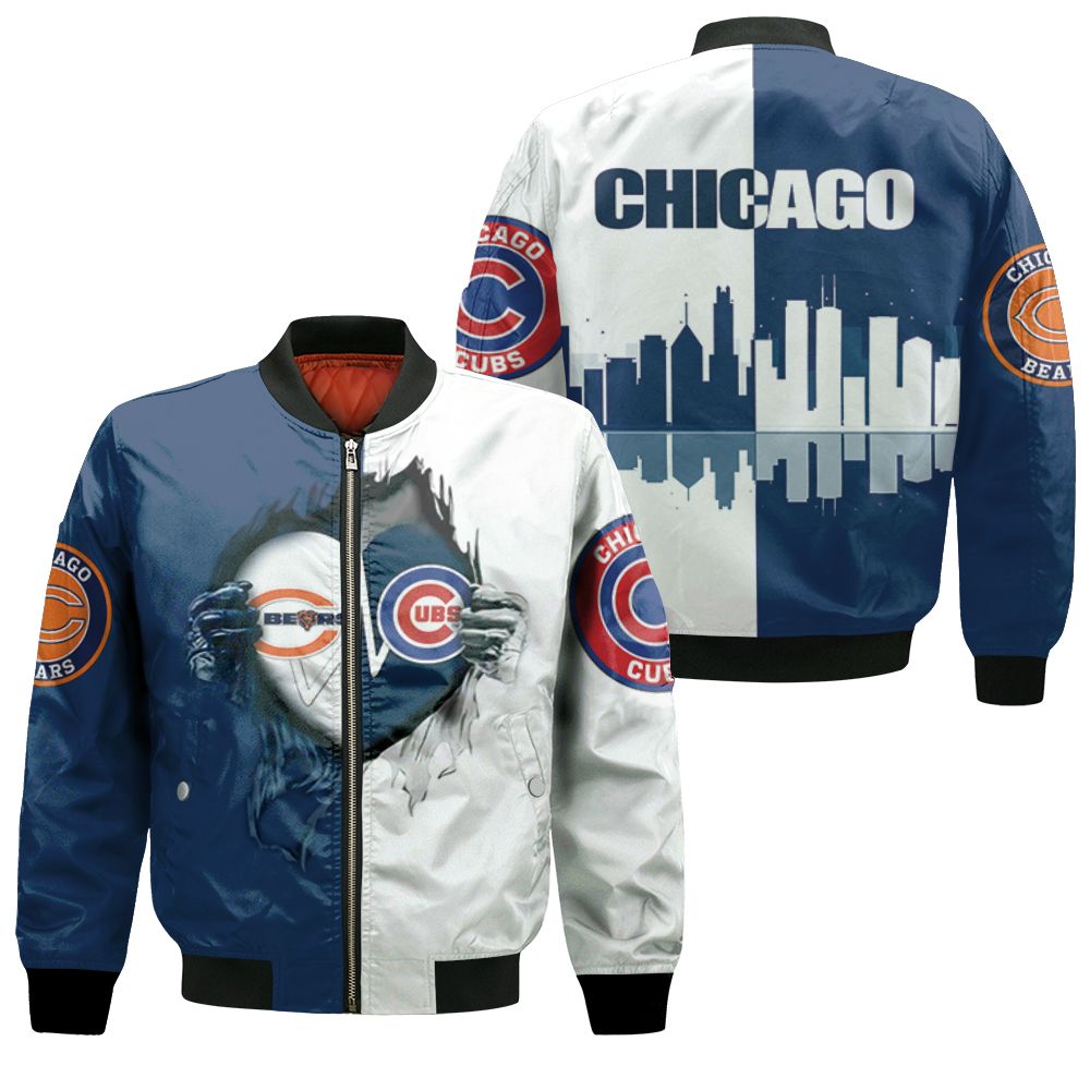Chicago Bears And Chicago Cubs Heartbeat Love Ripped 3d Jersey Bomber Jacket
