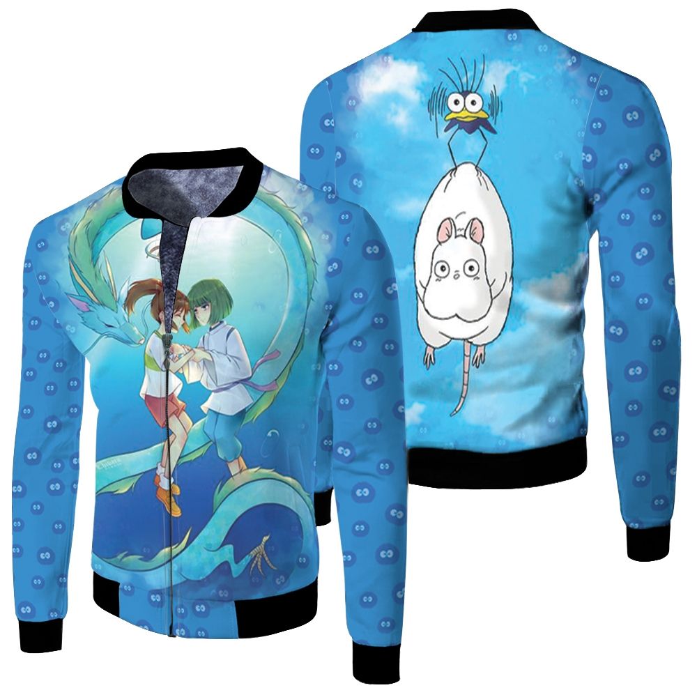 Chihiro Ogino Cuddle Nigihayami Kohaku Nushi Haku For Spirited Away Studio Ghibli Fan 1 Fleece Bomber Jacket