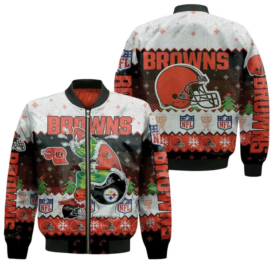 Christmas Cleveland Browns Grinch In Toilet Christmas Knitting Patt Jersey Bomber Jacket