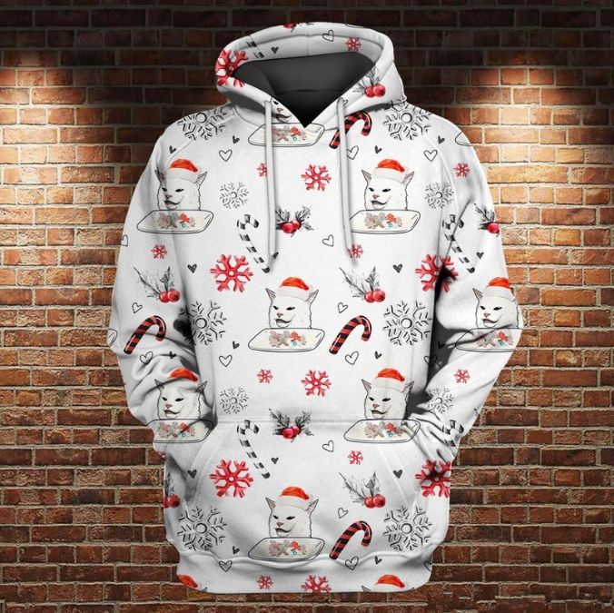 Confused Cat Meme Christmas Over Print 3d Zip Hoodie