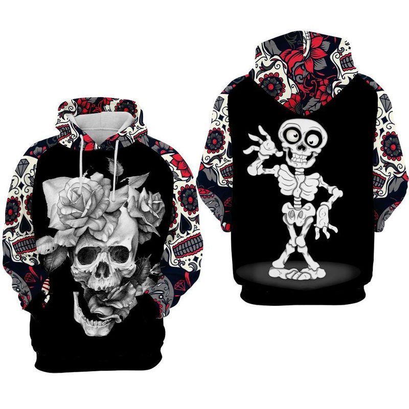 Day Of The Dead Funny Skull And Roses Over Print 3d Zip Hoodie