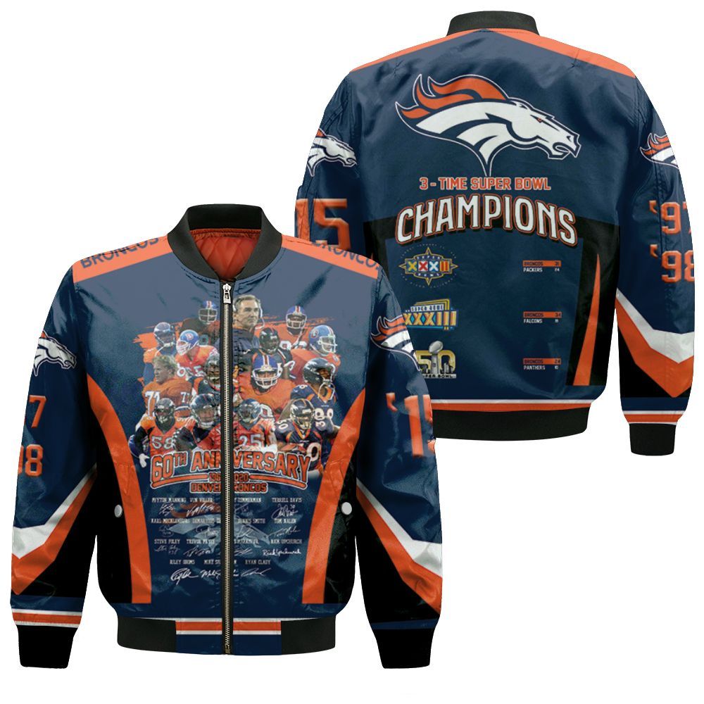 Denver Broncos 60th Anniversary Coach And Players Signed 3d Jersey Bomber Jacket