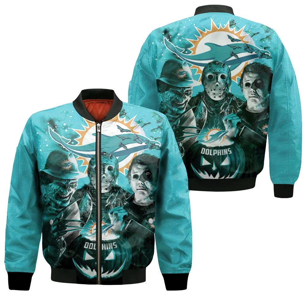 Freddy Jason Michael Myers Loves Dolphins Pumpkin Head Halloween Jersey Bomber Jacket