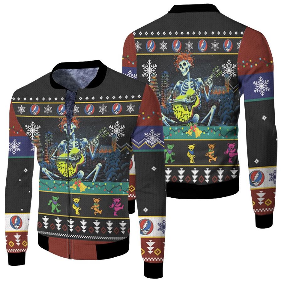 Grateful Dead Christmas Bears Guitar Playing Skull Christmas Kniting Pattern 3d Jersey Fleece Bomber Jacket