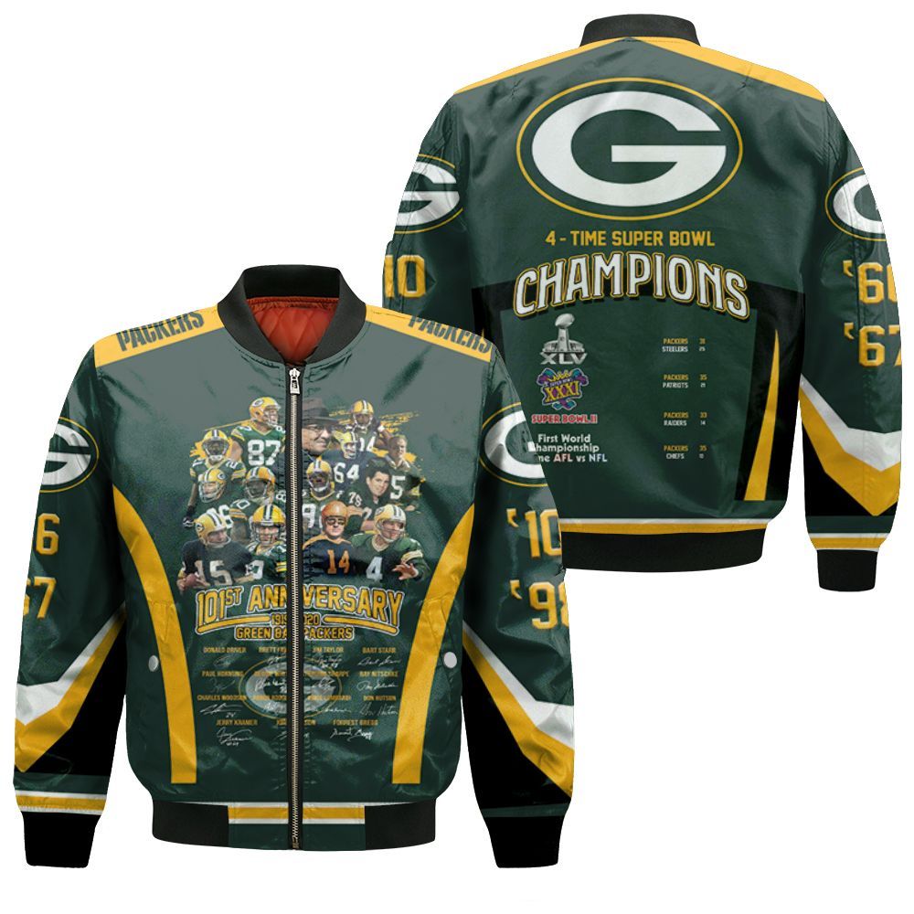 Green Bay Packers 101st Anniversary All Players Coach Signed For Fan 3d T Shirt Hoodie Sweater Bomber Jacket