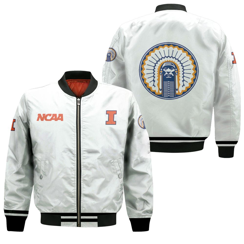 Illinois Fighting Illini Ncaa Classic White With Mascot Logo Gift For Illinois Fighting Illini Fans Bomber Jacket