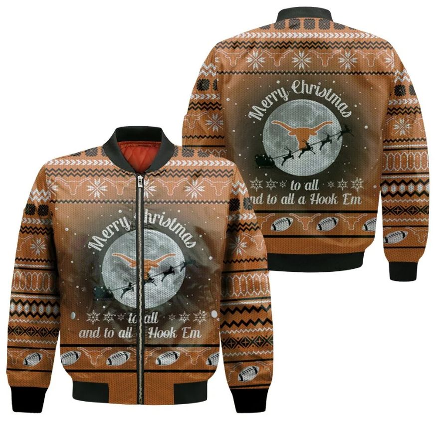 Merry Christmas To All And To All A Hook Em Texas Longhorns Ugly Christmas 3d Jersey Bomber Jacket