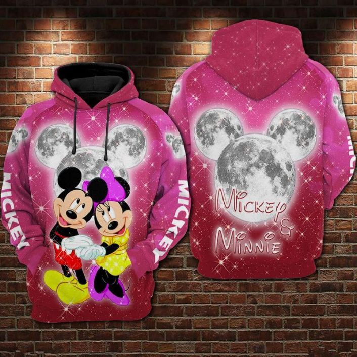 Mickey And Minnie Under The Bright Moon Over Print 3d Zip Hoodie