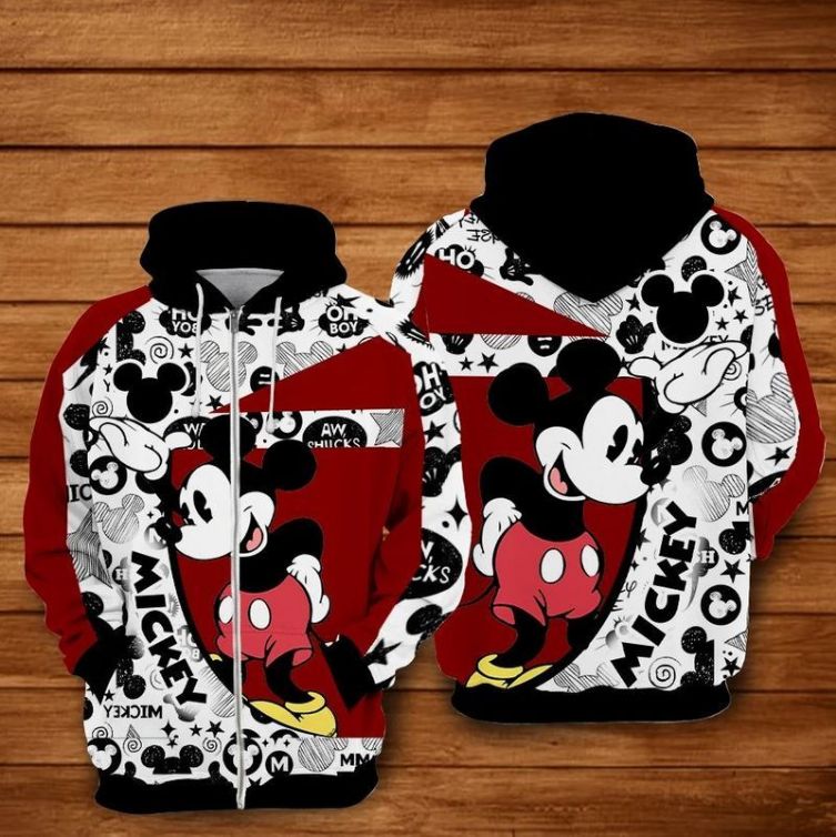 Mickey Doodle Red  Black Zip Over Print 3d Zip Hoodie