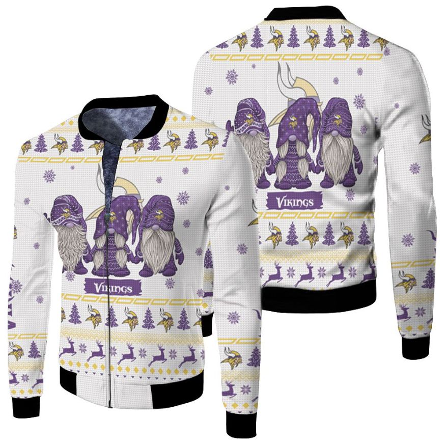 Minnesota Vikings Purple Gnomes Ugly Christmas 3d Jersey Fleece Bomber Jacket