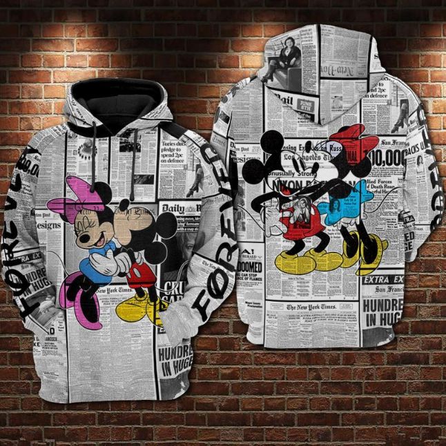 Newspaper Mickey And Minnie Over Print 3d Zip Hoodie
