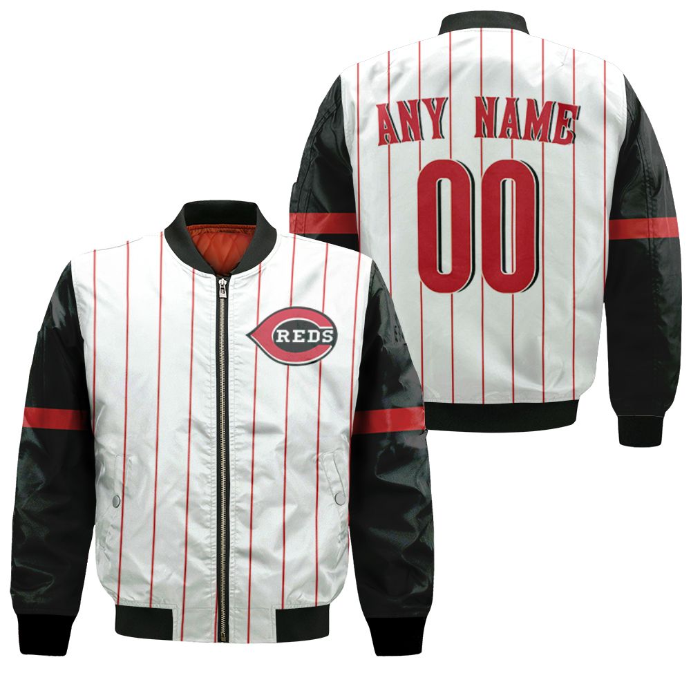 Personalized Cincinnati Reds Majestic 1999 Throwback White Red Striped Jersey Style Inspired Bomber Jacket