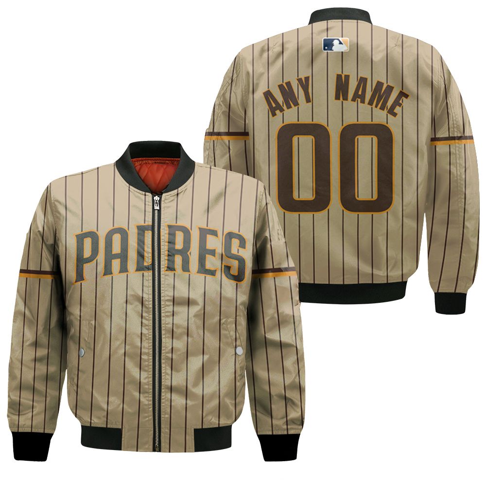 Personalized San Diego Padres 00 Anyname Mlb 2020 Light Brown Stripe Jersey Inspired Style Gift For San Diego Padres Fans Bomber Jacket
