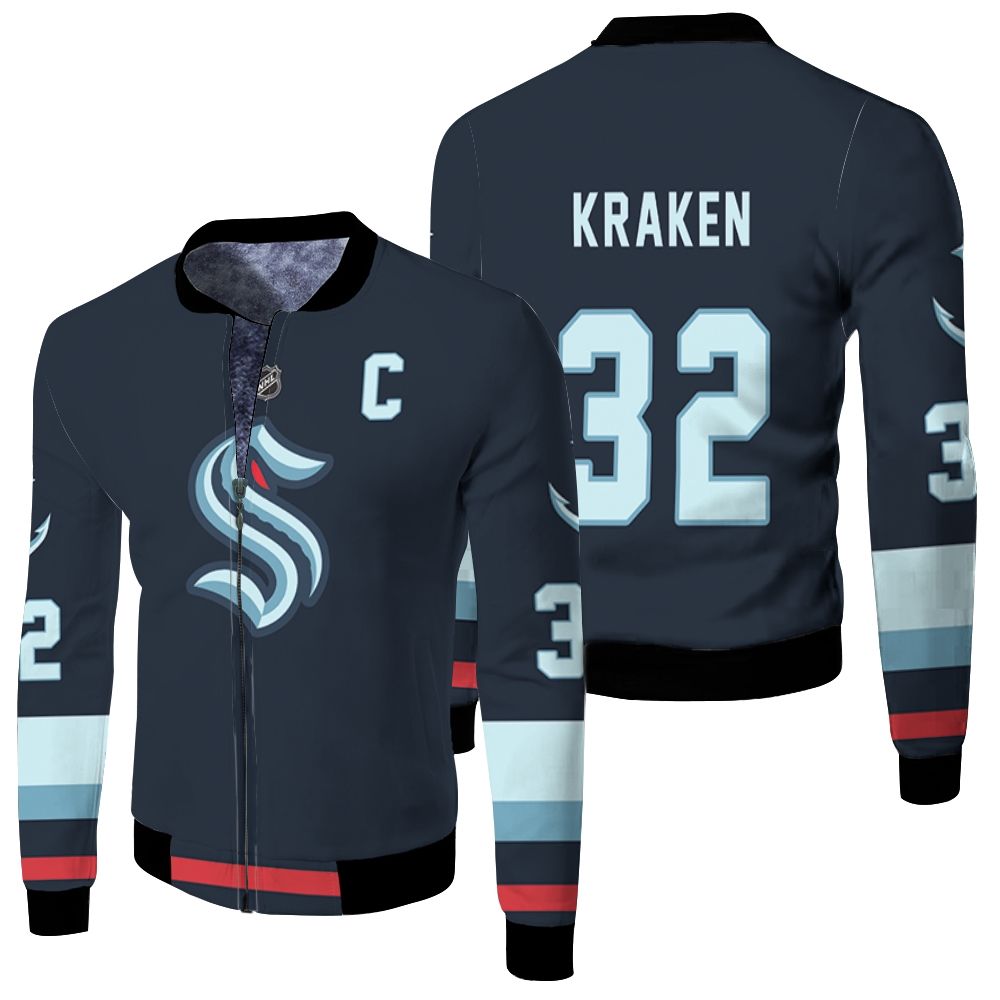 Seattle Kraken Nhl 2020 Blue Jersey Inspired Fleece Bomber Jacket