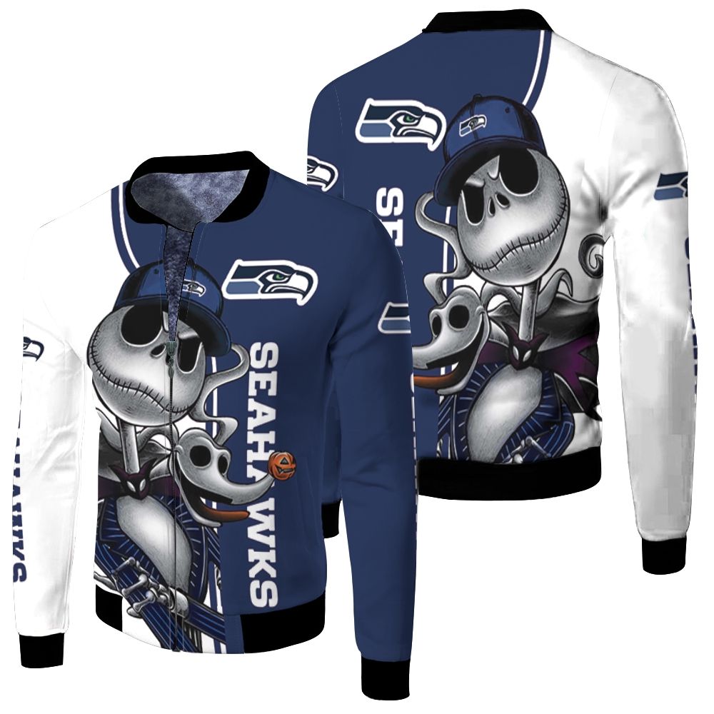 Seattle Seahawks Jack Skellington And Zero Fleece Bomber Jacket - Teeruto