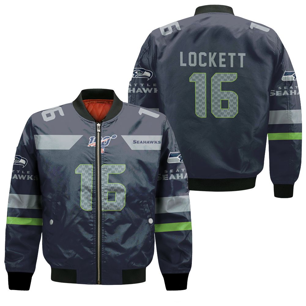 Seattle Seahawks Tyler Lockett #16 Nfl American Football Navy 100th Season 3d Designed Allover Gift For Seahawks Fans Bomber Jacket