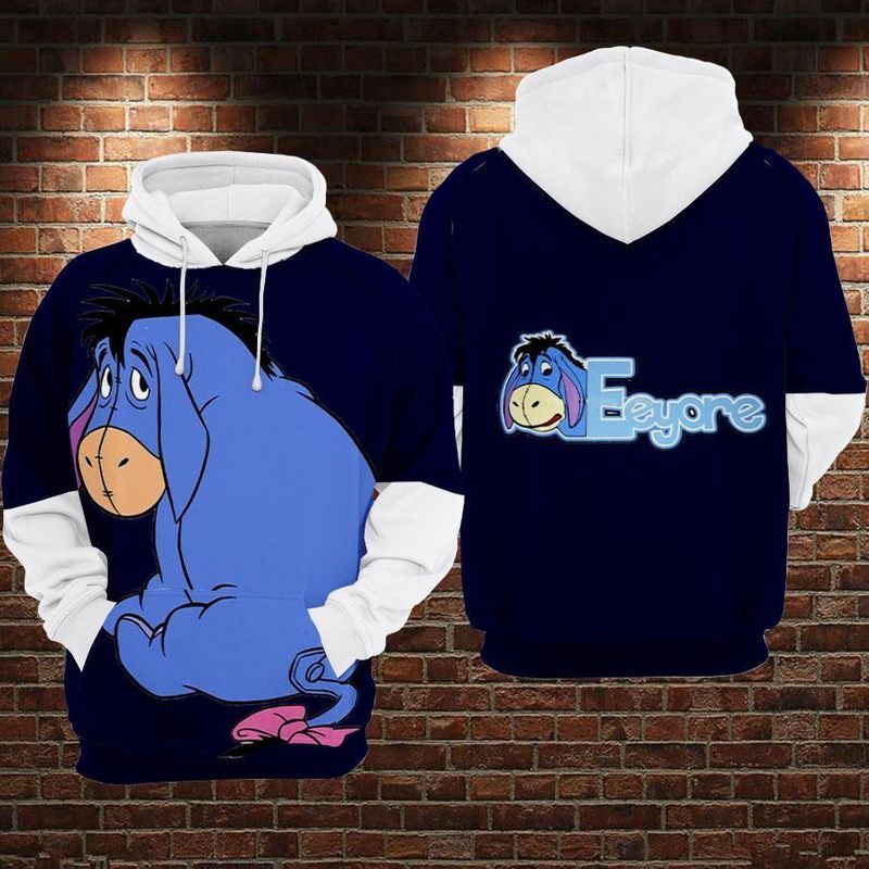 Shy Eeyore Blue And White Over Print 3d Zip Hoodie