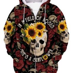 Skull In A Field Of Roses Shes A Sunflower Zip 3d T Shirt Zip Bomber Hoodie
