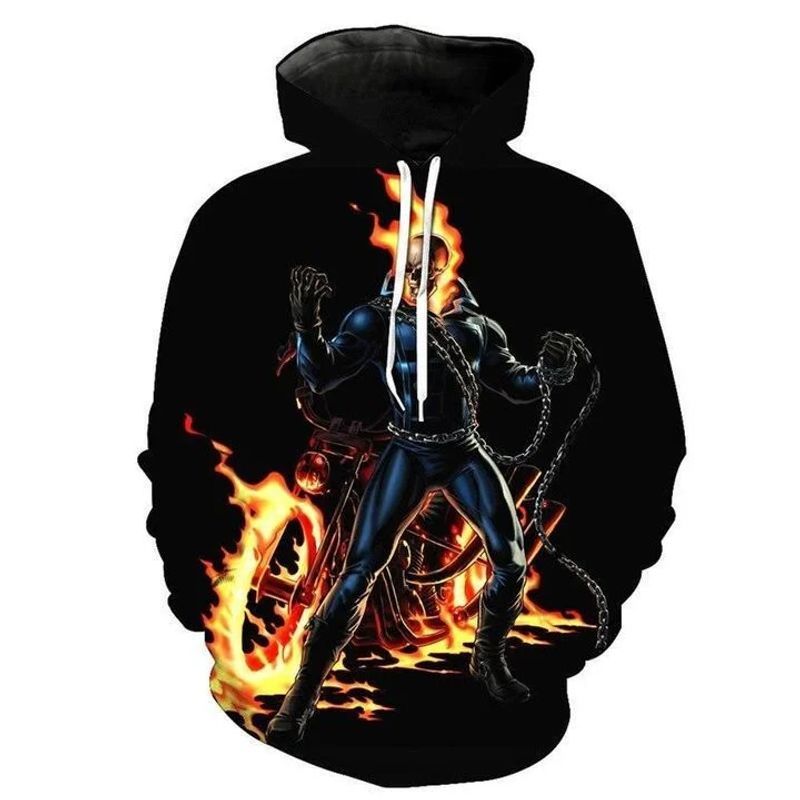 Skull s Burning Flame Ghost Rider Over Print 3d Zip Hoodie