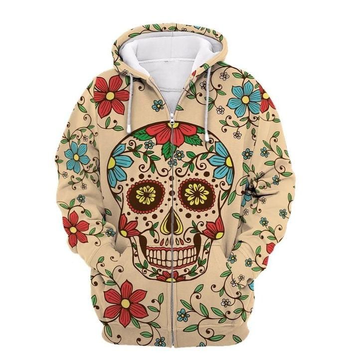 Skull Tattoo Flowers 3d Zip Hoodie