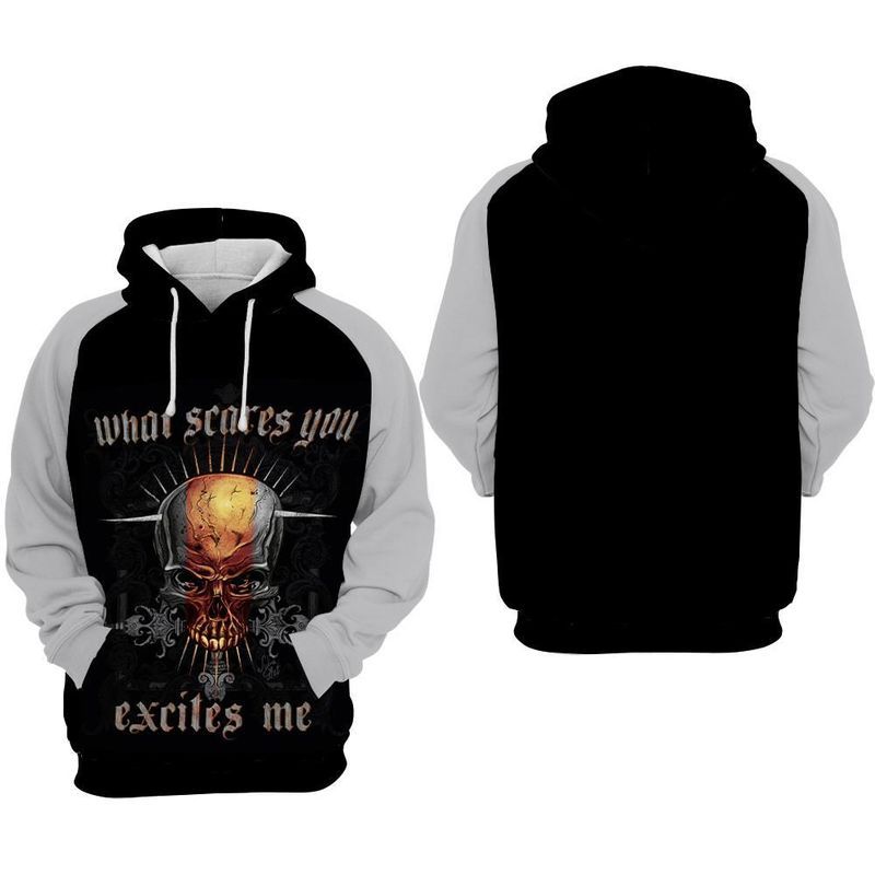 Skull What Scares You Excites Me Over Print 3d Zip Hoodie