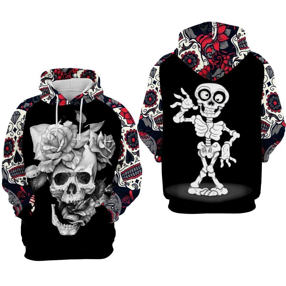 Skull With Flowers Over Print 3d Zip Hoodie