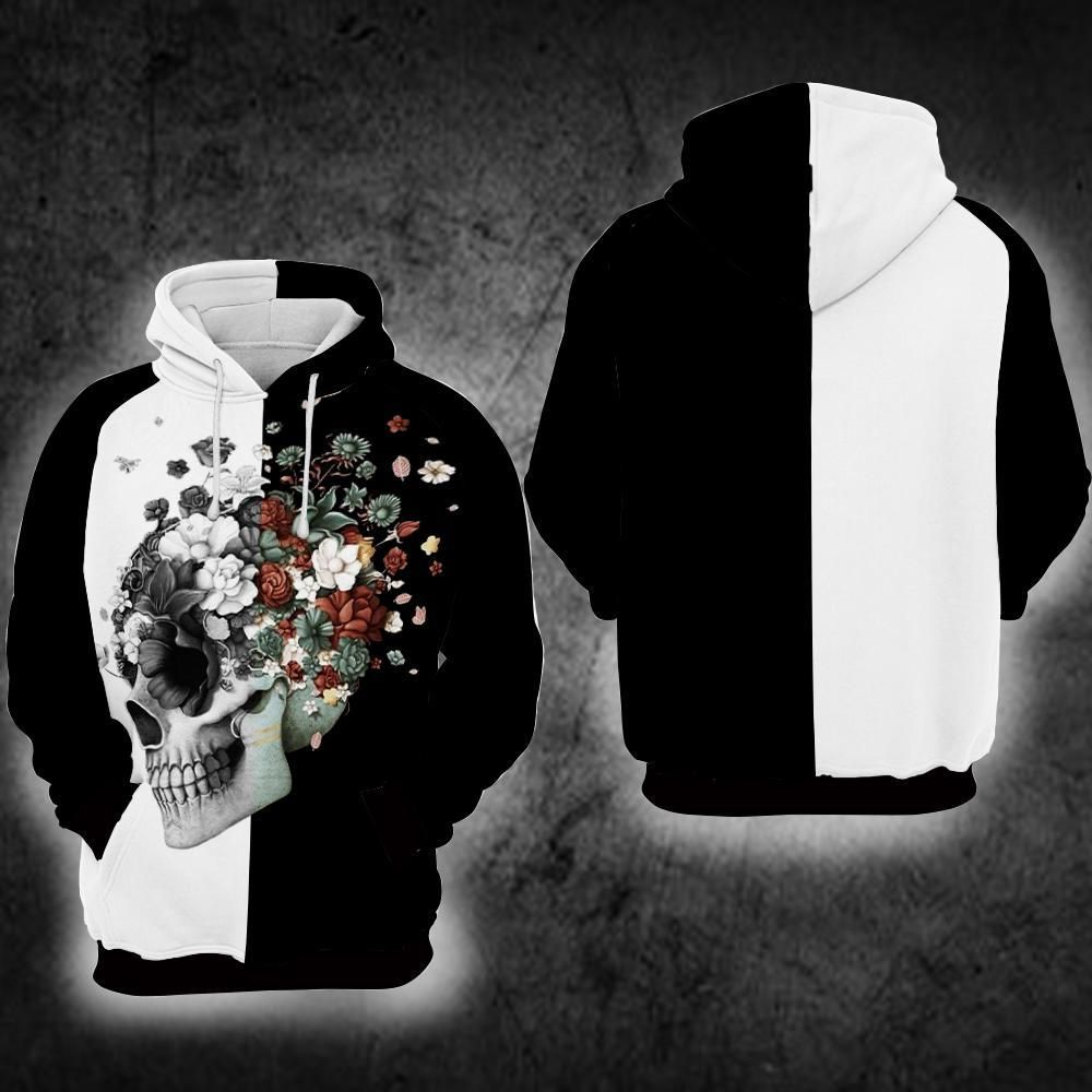 Skulls With Flowers 3 Over Print 3d Zip Hoodie