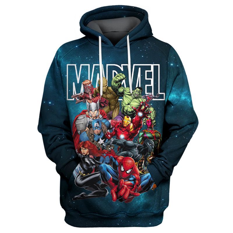 Superhero Avengers Marvel Comic Vision Hulk Groot Black Widow Thor Captain America Black Panther Ironman Over Print 3d Zip Hoodie