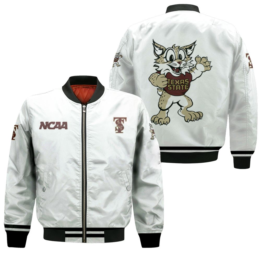 Texas State Bobcats Ncaa Classic White With Mascot Logo Gift For Texas State Bobcats Fans Bomber Jacket