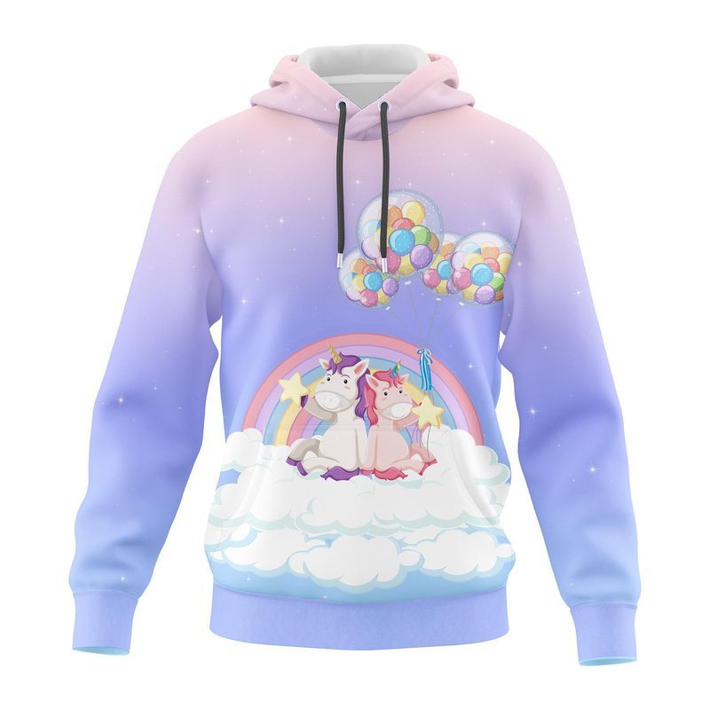 Unicorn Sit On Clouds Rainbow Balloons Lgbt 3d 2 Hoodie