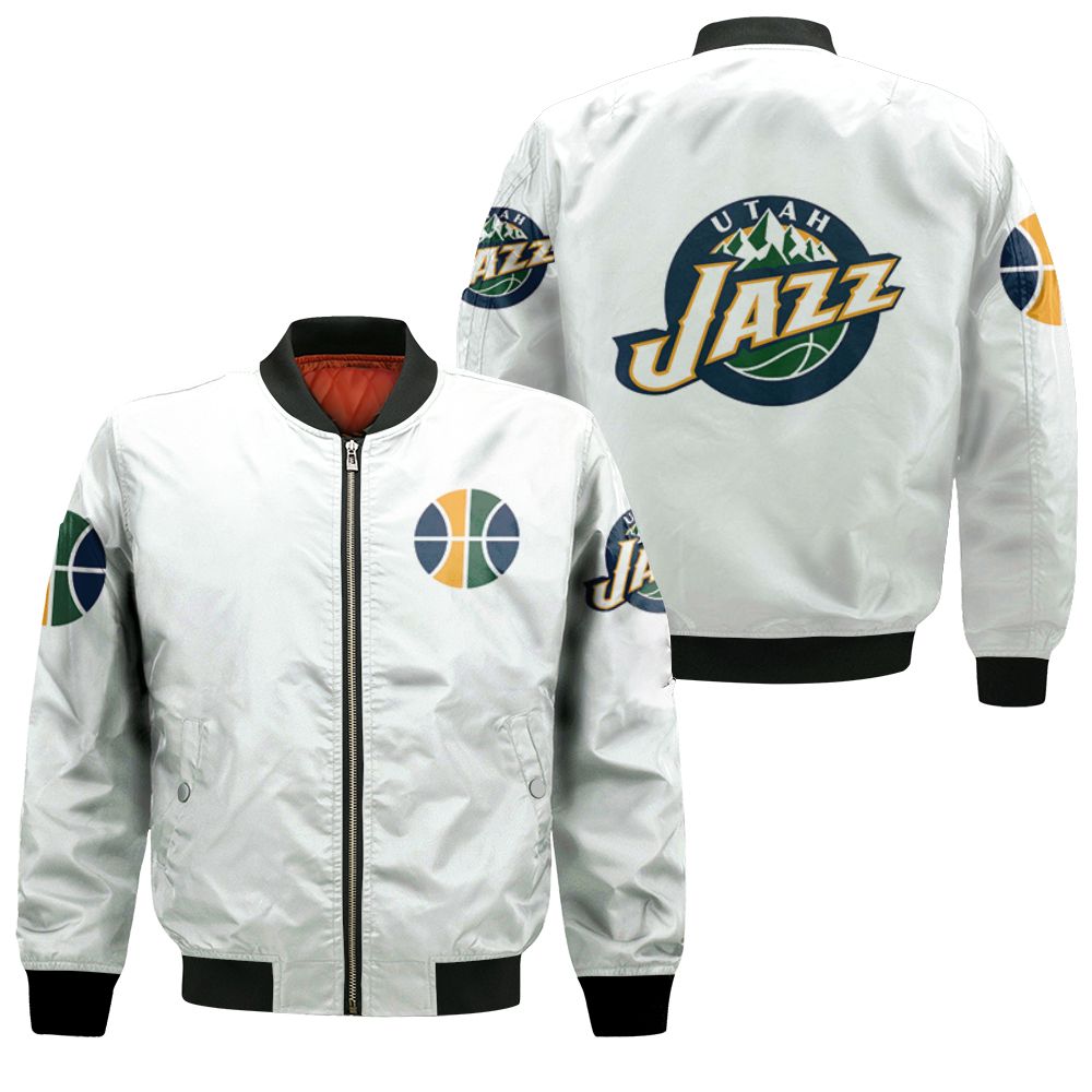 Utah Jazz Basketball Classic Mascot Logo Gift For Jazz Fans White Bomber Jacket