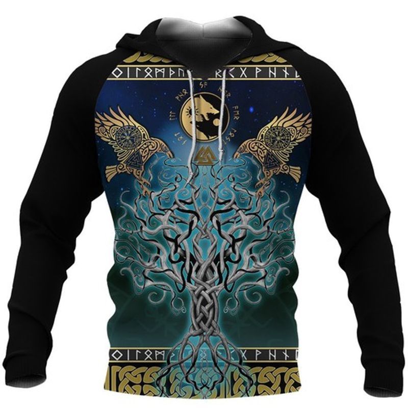 Viking Tree Of Life Fenrir Skoll And Hati Raven Rune Pullover 3d Hoodie